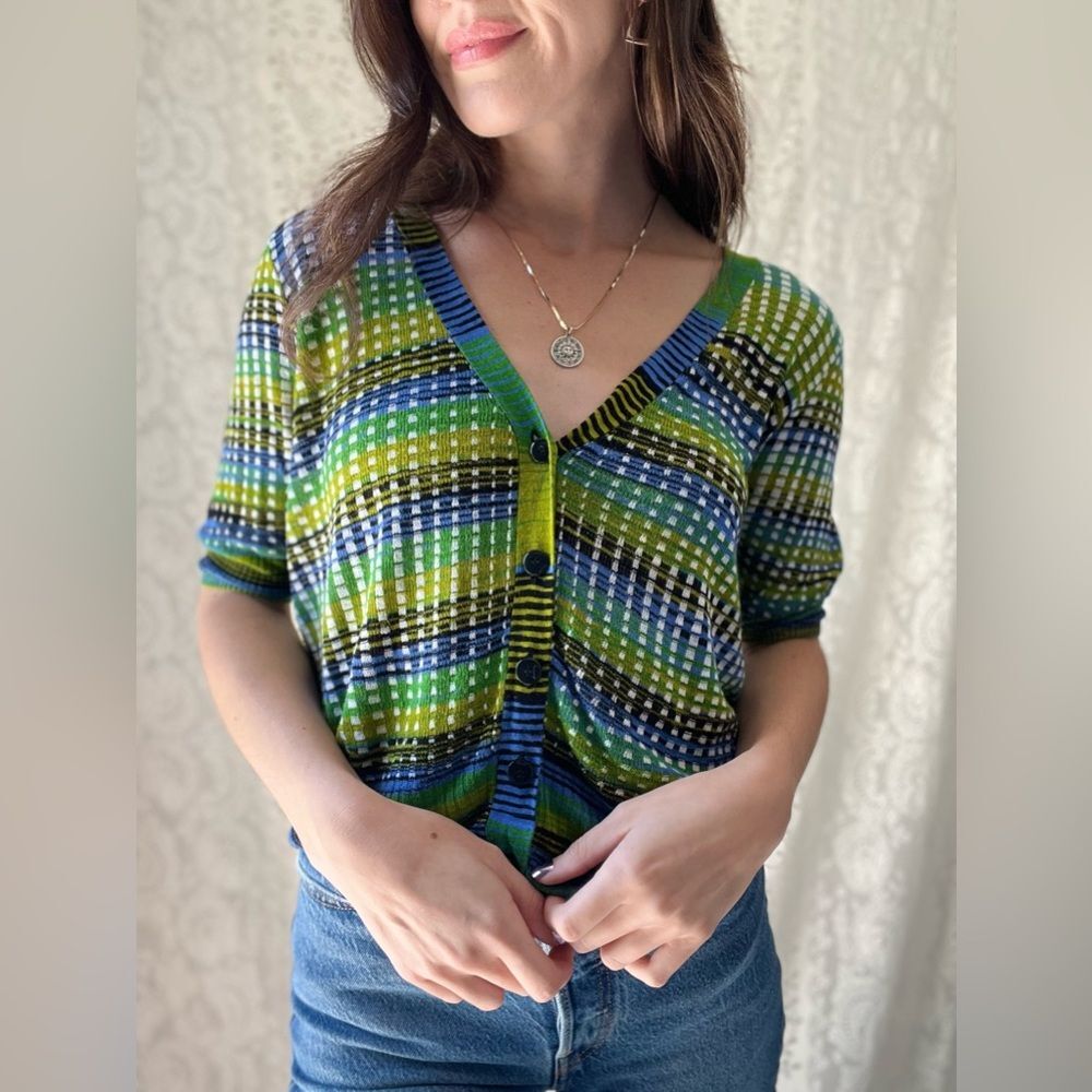 Y2K Worthington Plaid Knit Button Up Short Sleeve Top Size XL Bright Colors